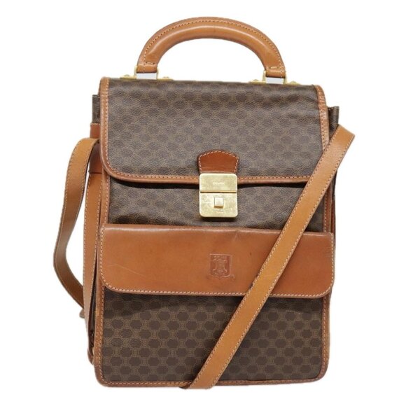 CELINE Macadam Canvas Shoulder Bag PVC Leather Brown Gold Auth 89829 - Picture 1 of 16